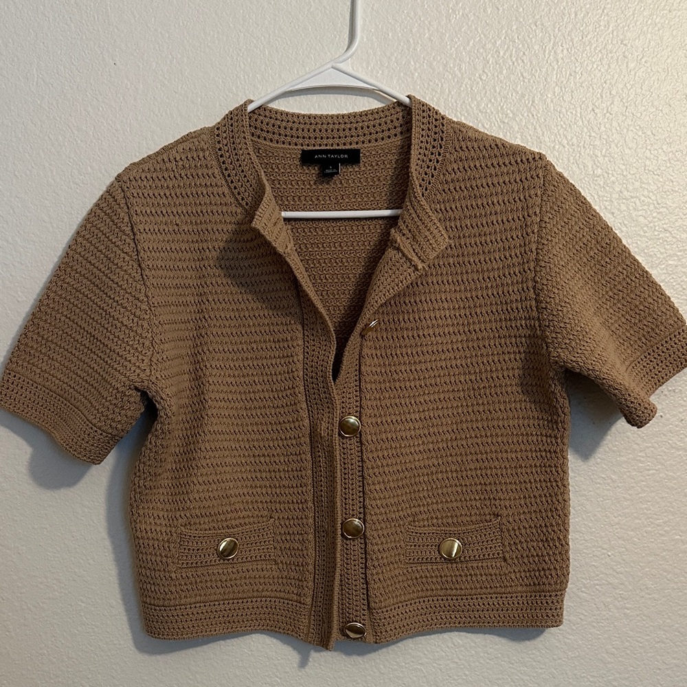 Ann Taylor Size Small Brown Short Sleeve Cardigan with Gold Buttons